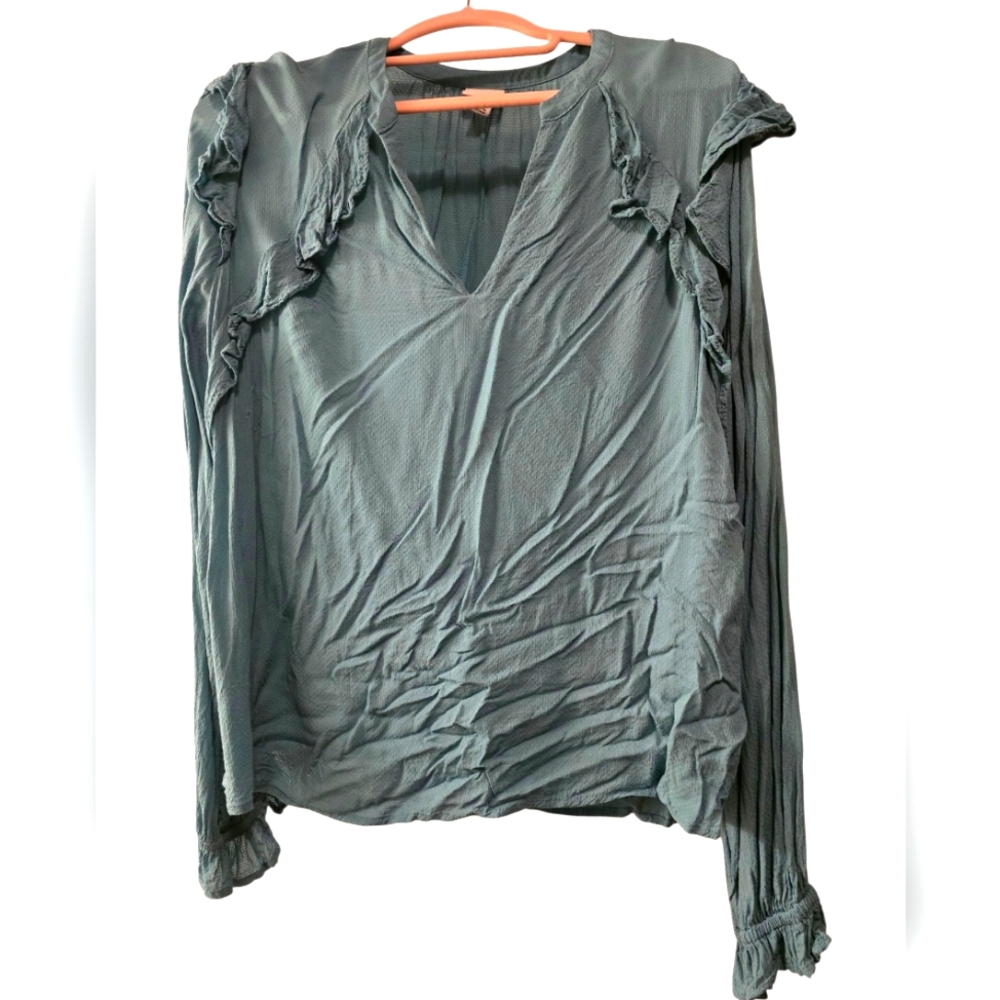 Elegant Ruffled V-Neck Top in Teal XL